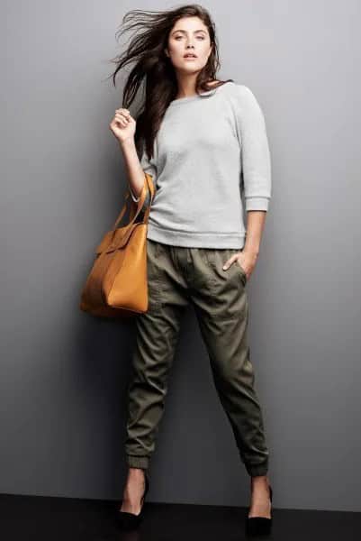 Grey Sweatshirt with Army Green Tapered Leg Ankle Pants