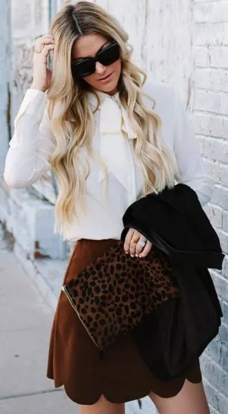 White Blouse with Burgundy Scalloped Hem Mini Skirt