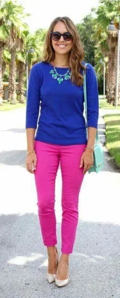 Royal Blue Three Quarter Sleeve Sweater with Hot Pink Slim Fit Jeans