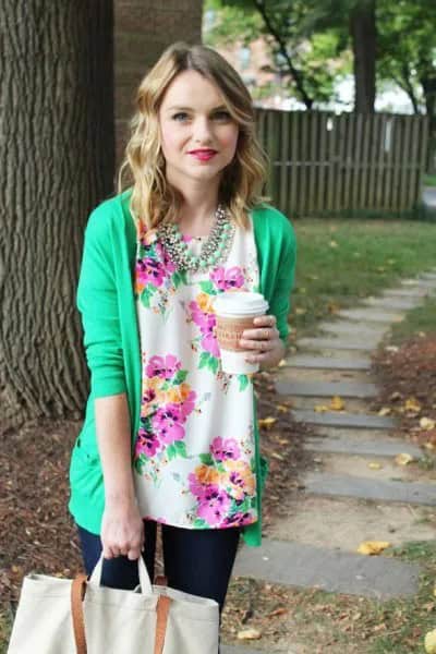 White and Blue Floral Blouse with Crepe Cardigan