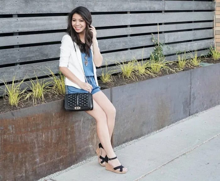 White Blazer with Blue Mini Shorts & Black Lace Up Wedge Sandals