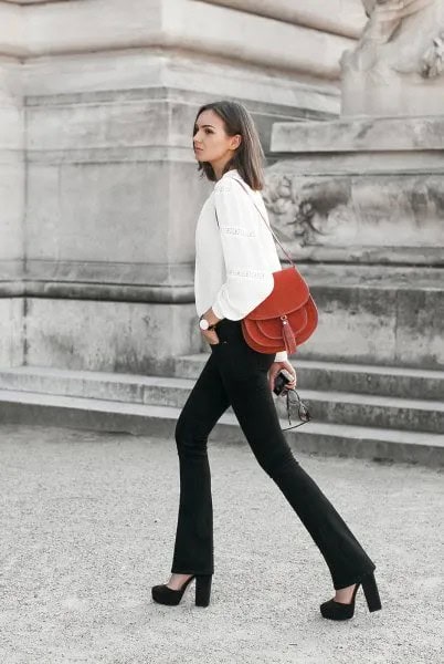 White Blazer with Black Flared Jeans & Platform Heels