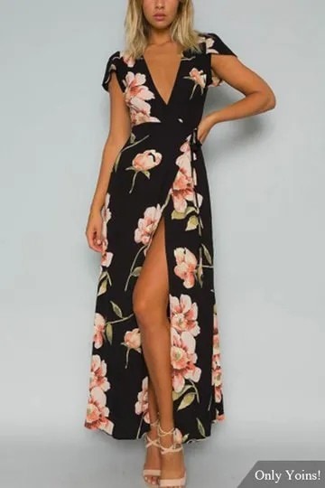 Black and White Floral Low Cut Wrap Dress