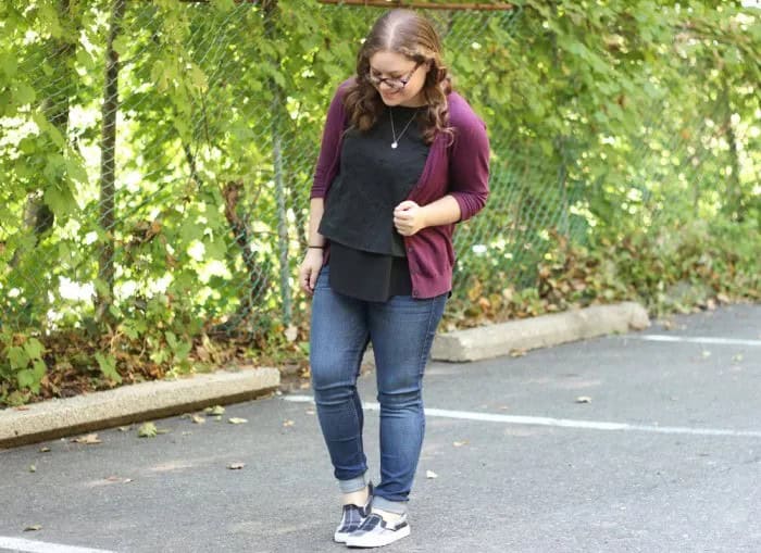 Grey Sweater with Skinny Jeans & Grey Plaid Canvas Shoes