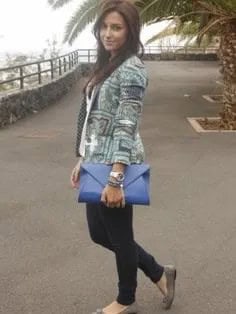 Grey Printed Blazer with Blue Leather Clutch Bag