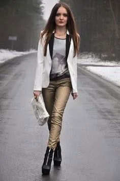 White Blazer with Grey Scoop Neck Printed Tee & Golden Pants