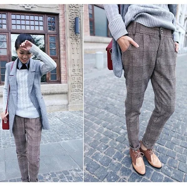 Grey Plaid Tweed Pants with Sleeveless Blazer