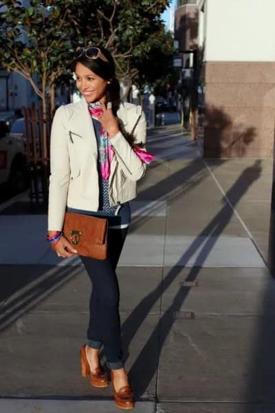 White Leather Jacket with Blue Jeans & Brown Heeled Loafers