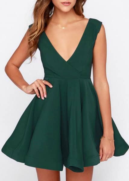 Green Deep V Neck Skater Cocktail Dress