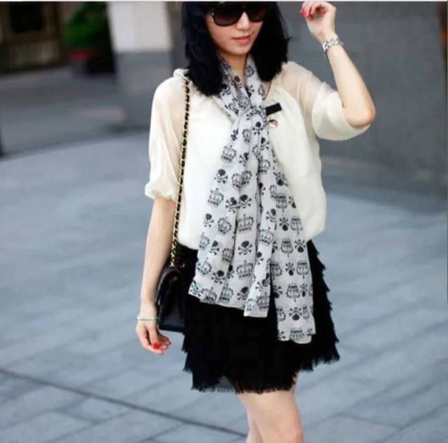 White Printed Chiffon Scarf with Semi-sheer Blouse