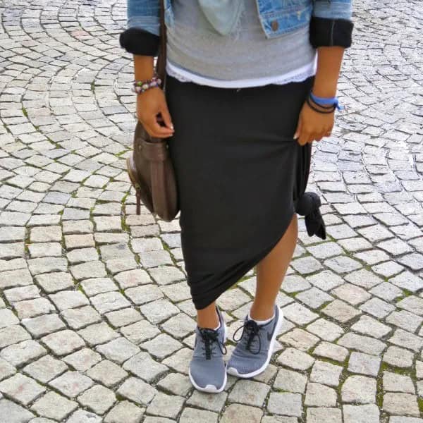 Light Blue Denim Jacket with Black Knotted Maxi Travel Skirt