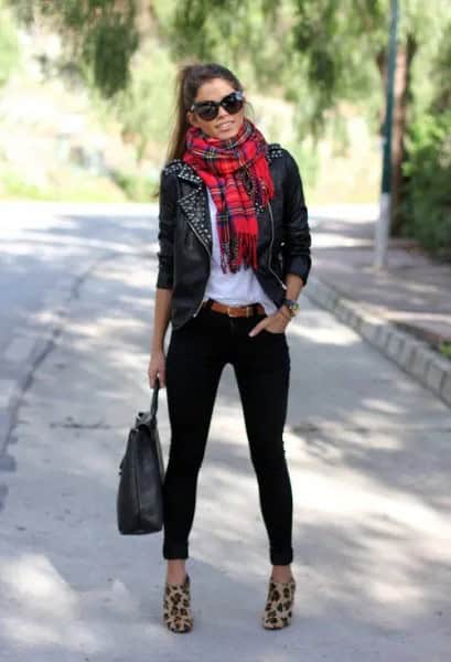 Red Scarf & Black Leather Jacket with Silver Sequin Details