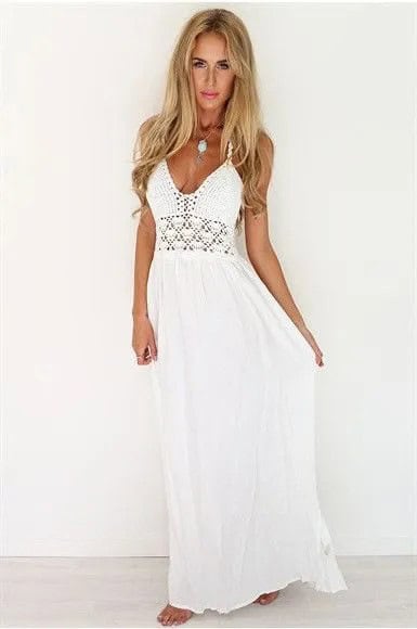 White Deep V Neck Crochet Maxi Beach Dress