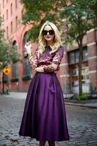 Leopard Print Button Up Shirt with Purple Silk Midi Skirt