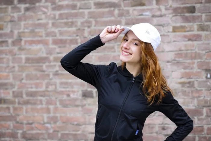 Black Zip Up Sweatshirt with White Bush Hat