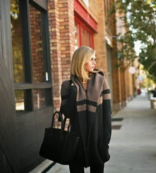 Grey and Black Color Block Sweater Coat with Skinny Jeans