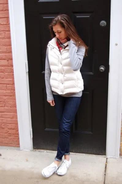 White Puffer Vest with Grey Long Sleeve Tee & Dark Blue Cuffed Jeans