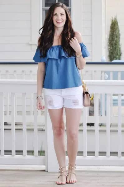 Blue Off The Shoulder Denim Ruffle Top with White Mini Shorts