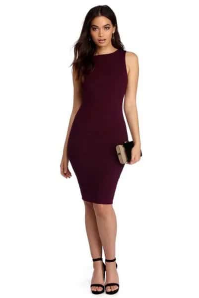 Purple Midi Bodycon Sleeveless Dress with Black Ankle Strap Open Toe Heels