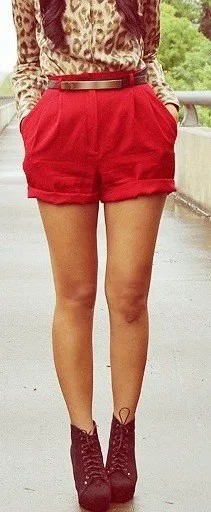 Red High Waisted Shorts with Leopard Print Button Up Shirt