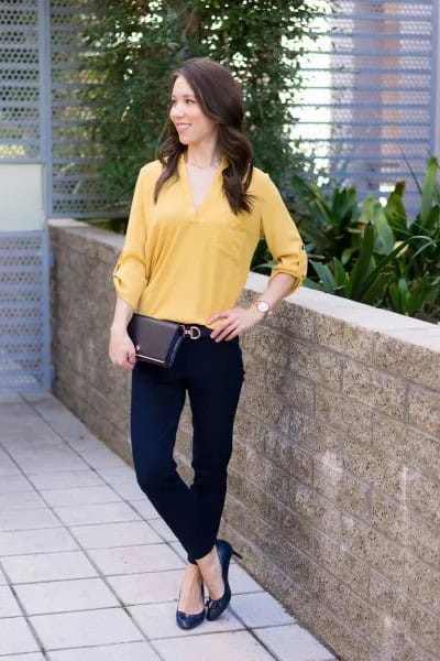 V Neck Buttonless Blouse with Black Chinos & Pointed Toe Heels