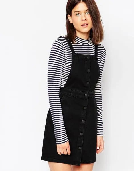 Button Front Pinafore Dress with Black and White Striped Long Sleeve Tee