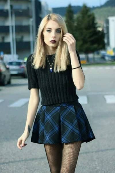 Black Knit Sweater with Plaid Mini Flare Skirt