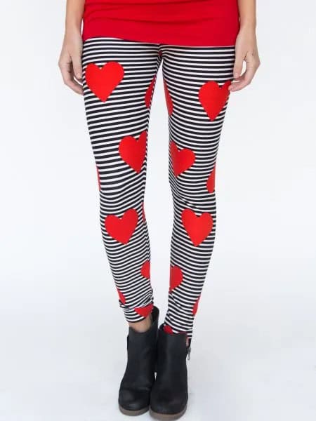 Black and White Horizontal Striped Leggings with Heart Shaped Prints