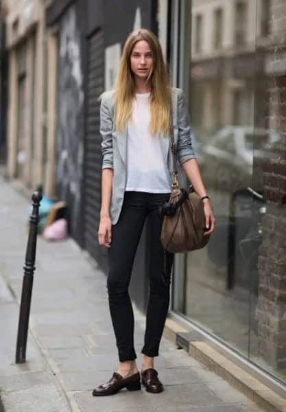 Grey Casual Blazer with White Chiffon Top & Ankle Jeans