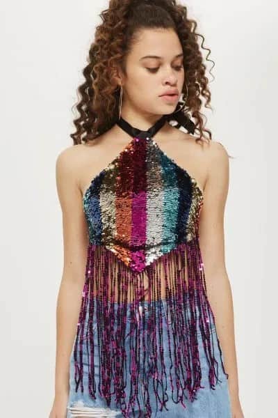 Multi-Colored Sequin Fringe Halter Crop Top with Blue Ripped Jeans