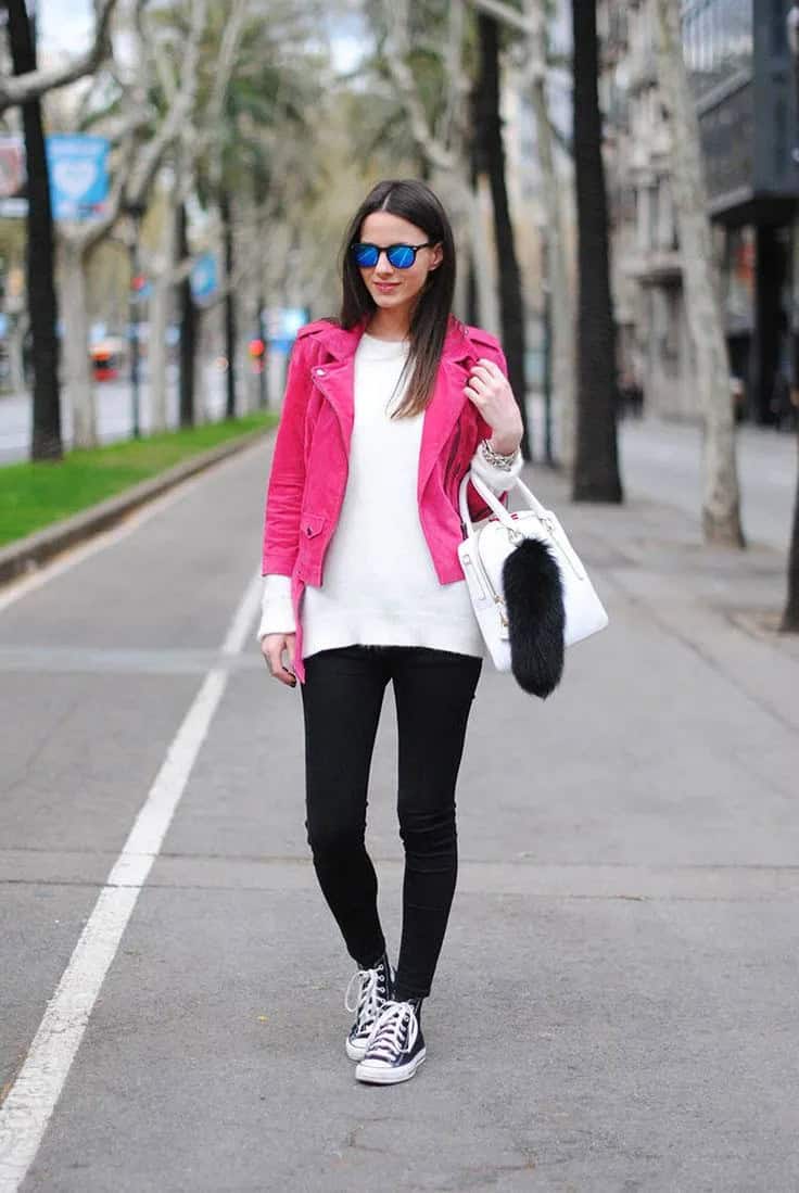 Black Converse with White Sweater & Pink Jacket