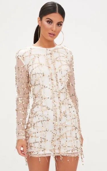 White Shift Dress with Sequin Embroidered Mesh Overlay