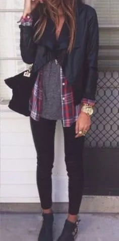 Black Jacket with Grey Tee & Plaid Boyfriend Shirt