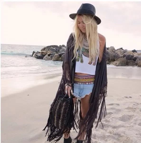 White Tribal Printed Crop Top with Denim Shorts & Black Fringe Kimono