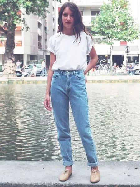 White T Shirt with Blue Cuffed Vintage High Waisted Jeans