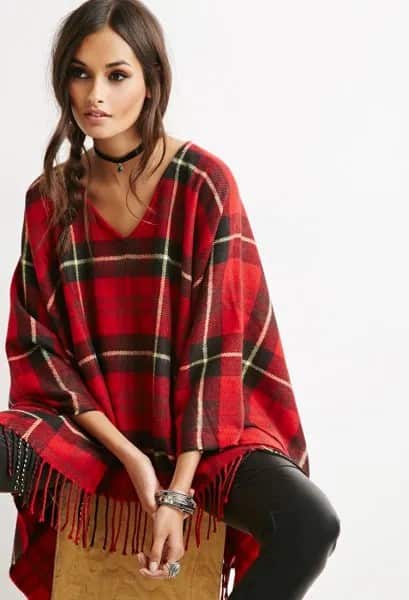 Red and Black Plaid V Neck Fringe Poncho with Leather Leggings