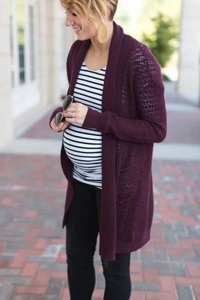 Black Longline Maternity Cardigan with Striped Long Sleeve Relaxed Fit Tee