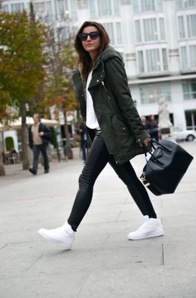 Dark Green Parka Jacket with White Sweatshirt & Black Pants