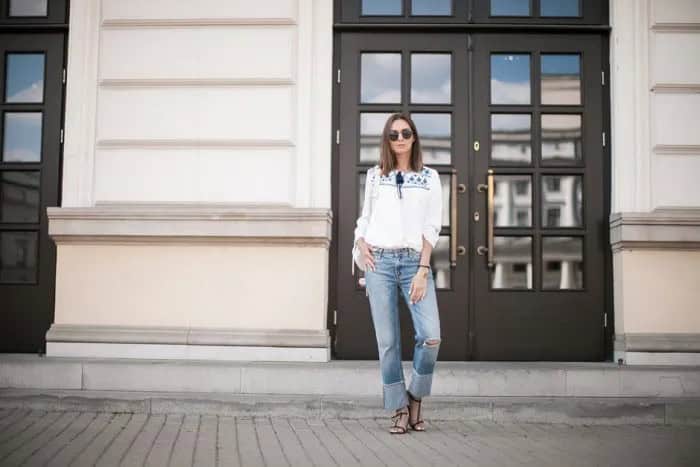 White Tribal Printed Blouse with Cuffed Slim Fit Ripped Jeans