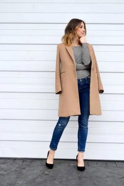 Camel Longline Wool Coat with Black and White Striped long Sleeve Tee