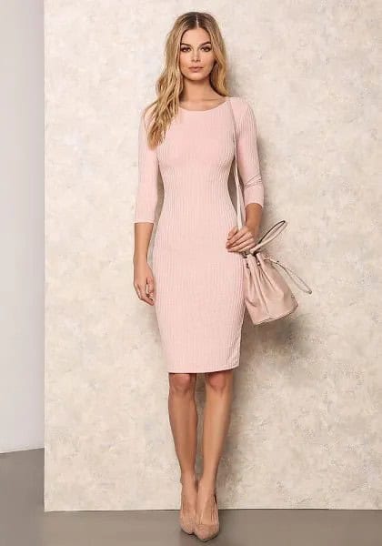 Pale Pink Ribbed Bodycon Half Sleeve Midi Dress