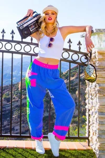 White Cropped Tank Top with Royal Blue and Pink Windbreaker Pants