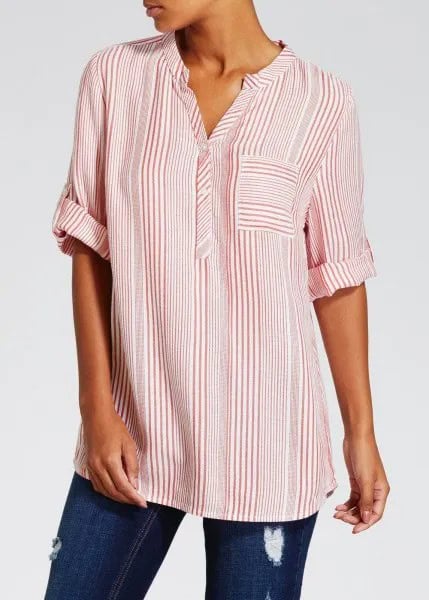 Pink and White Striped Grandad Collar Shirt