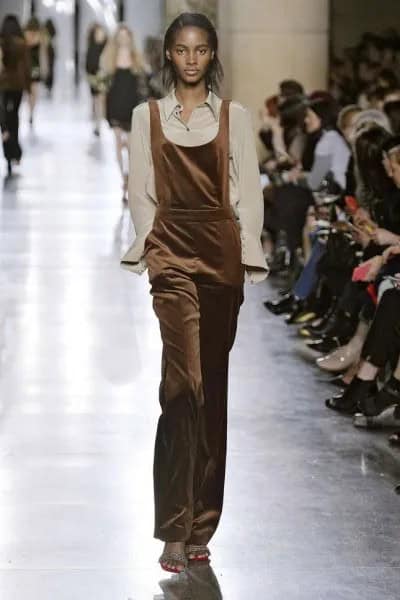 Brown Velvet Overalls with Pale Pink Shirt