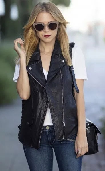 White Scoop Neck T Shirt with Black Moto Leather Vest