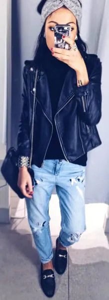 Black Leather Jacket with Boyfriend Cuffed Jeans & Royal Blue Loafers