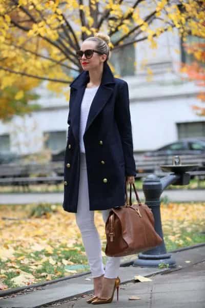 Black Wool Coat with Light Grey Skinny Jeans & Bronze Heels