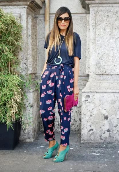 Navy Pants with T Shirt & Long Necklace