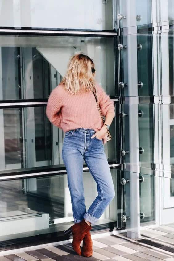 Blush Pink Sweater & Suede Ankle Boots