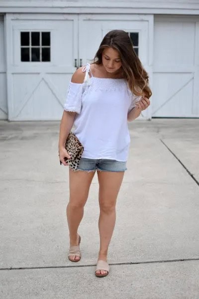 White Top with Denim Shorts & Pale Pink Slide Sandals